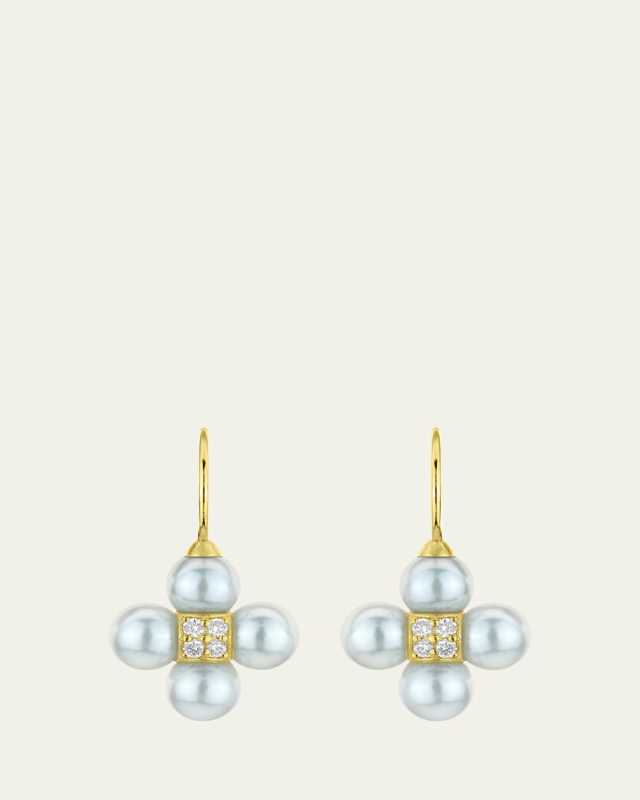 Sequence Pearl Earrings On A Wire with Diamonds in 18K Yellow Gold